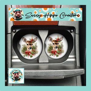 Car Coasters Christmas Deer Holly and Berries Holiday Set of 2 Neoprene Absorb